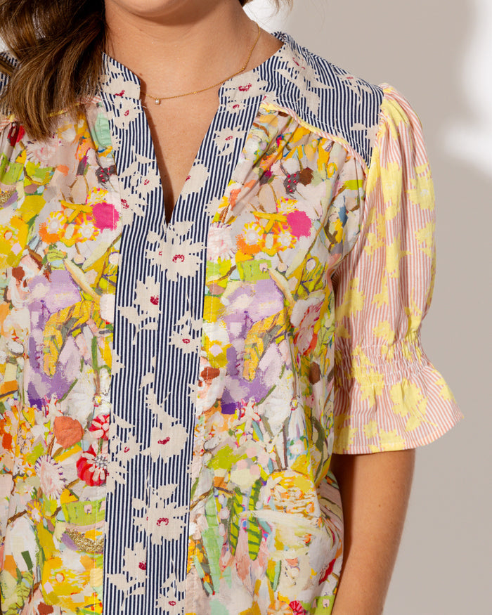 Multi Floral Print Split Neck Top