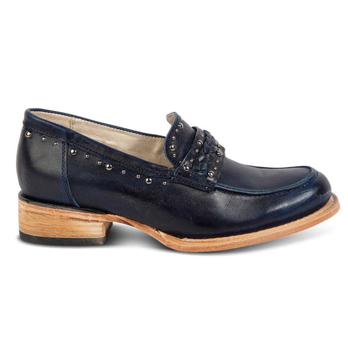 FREEBIRD women's Myla blue leather loafer with stud embellishments, flexible tongue and low block heel