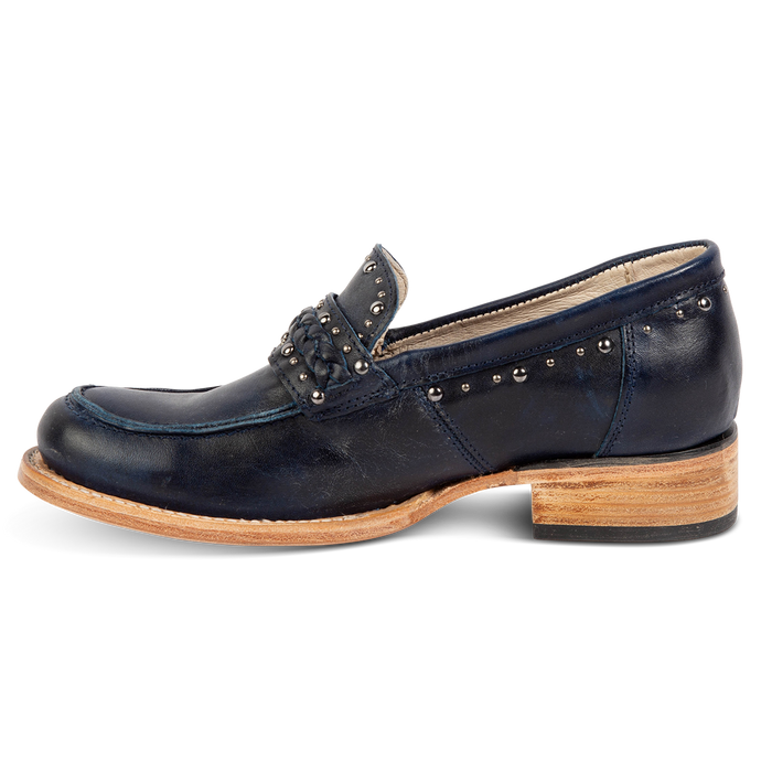 Inside view of FREEBIRD women's Myla blue leather loafer with a low wood heel, stud embellishments and Goodyear welt