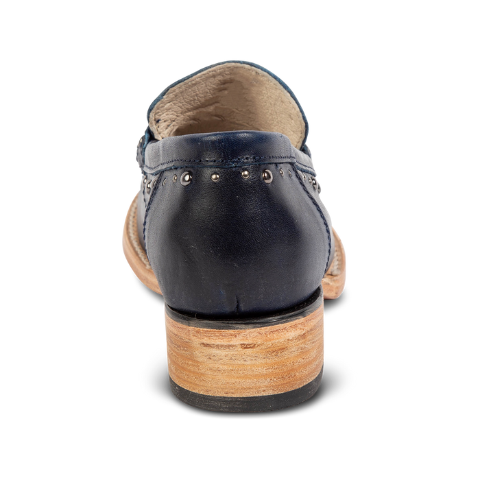Back view showing FREEBIRD women's Myla blue leather loafer with a low wood heel, stud embellishments and 100% full grain leather