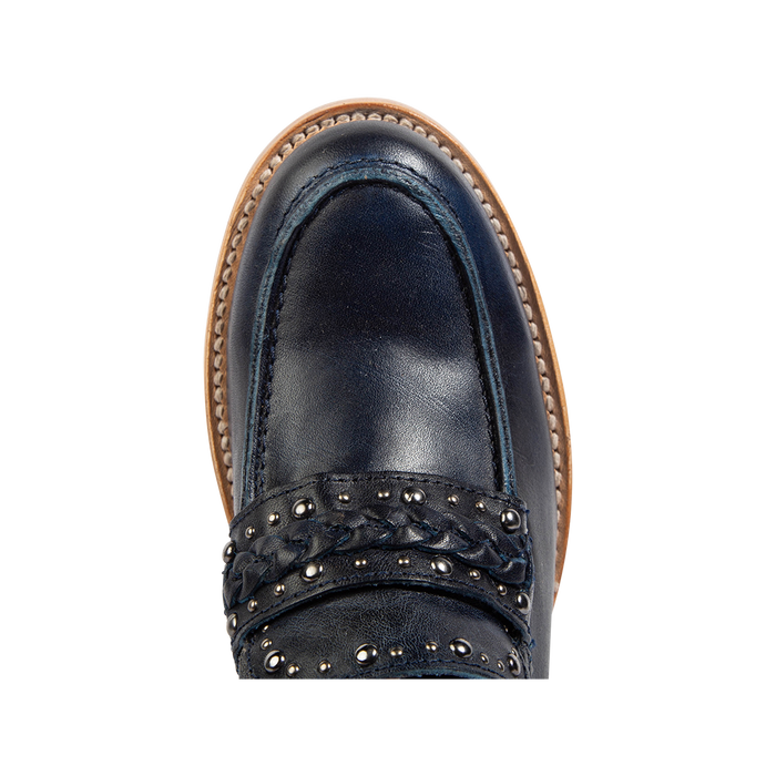 Top view showing FREEBIRD women's Myla blue leather loafer round toe construction