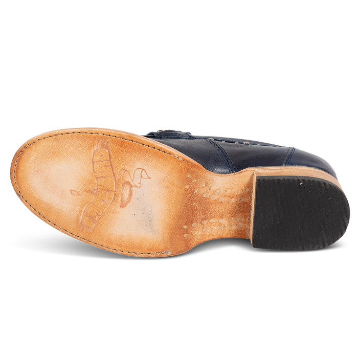 Leather sole imprinted with FREEBIRD on women's Myla blue leather loafer
