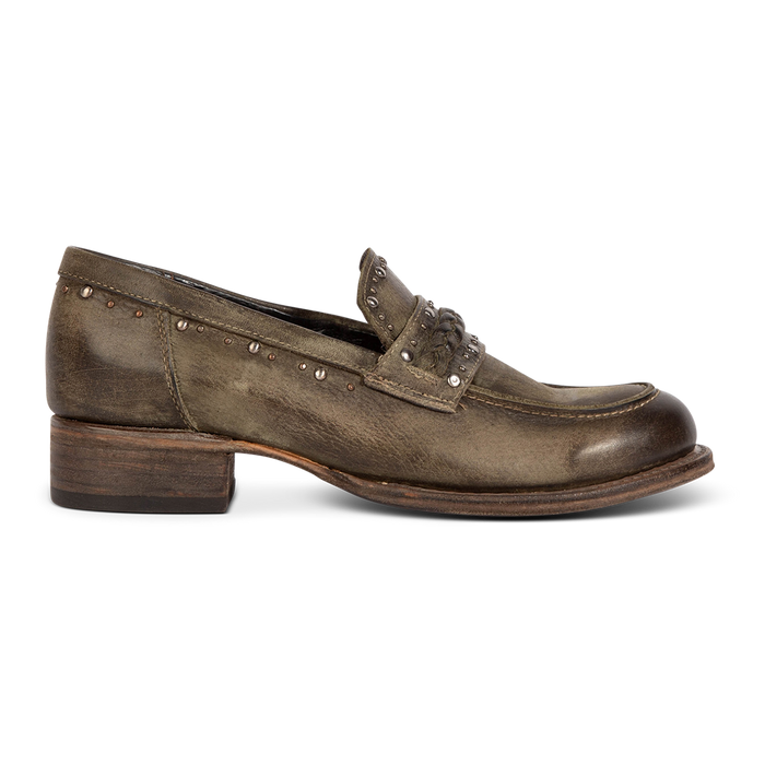 FREEBIRD women's Myla olive leather loafer with stud embellishments, flexible tongue and low block heel