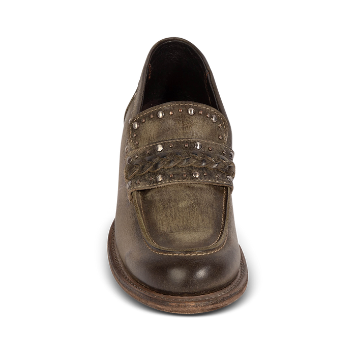 Front view showing FREEBIRD women's Myla olive leather loafer with stud embellishments, braided leather detailing and round toe construction