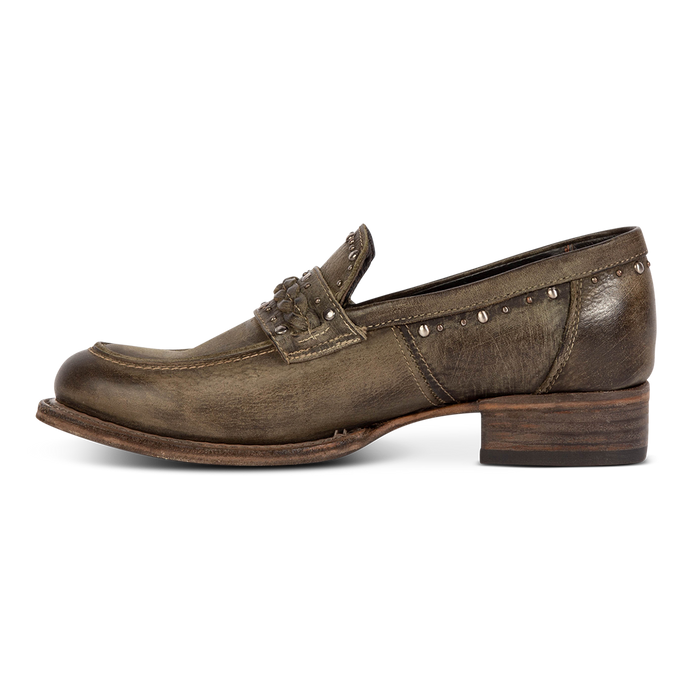 Inside view of FREEBIRD women's Myla olive leather loafer with a low wood heel, stud embellishments and Goodyear welt