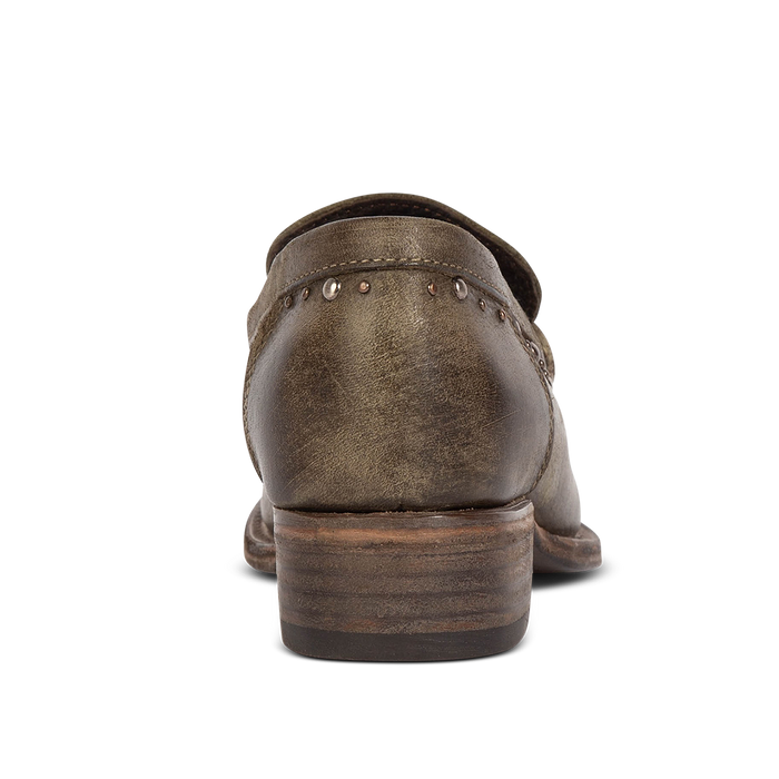 Back view showing FREEBIRD women's Myla olive leather loafer with a low wood heel, stud embellishments and 100% full grain leather