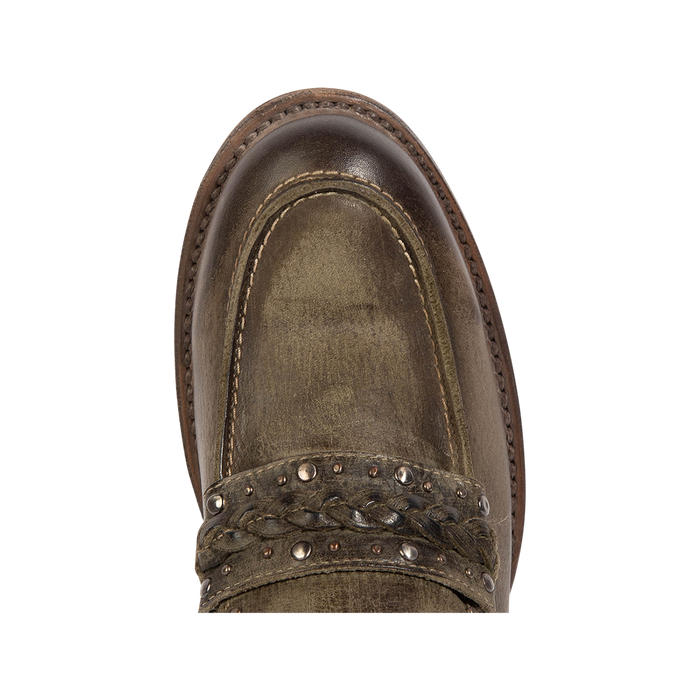Top view showing FREEBIRD women's Myla olive leather loafer round toe construction