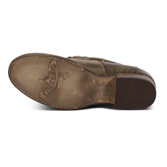 Leather sole imprinted with FREEBIRD on women's Myla olive leather loafer