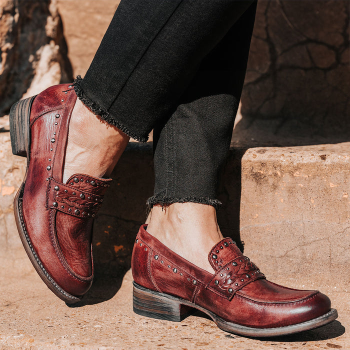 Wine MYLA leather western oxford loafers with braided leather band, silver stud details, and a stacked block heel.