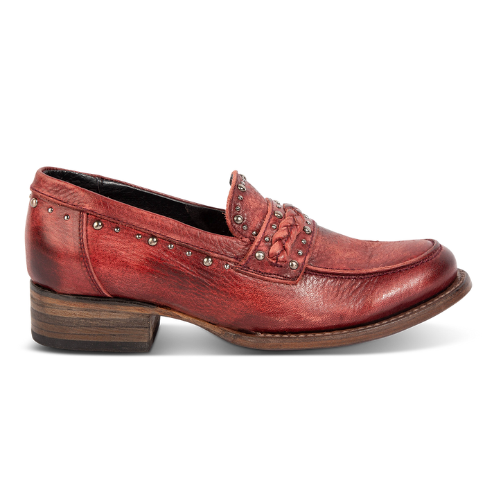 FREEBIRD women's Myla wine leather loafer with stud embellishments, flexible tongue and low block heel