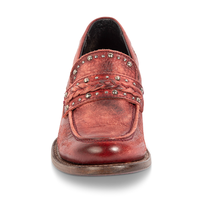 Front view showing FREEBIRD women's Myla wine leather loafer with stud embellishments, braided leather detailing and round toe construction