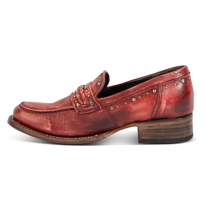 Inside view of FREEBIRD women's Myla wine leather loafer with a low wood heel, stud embellishments and Goodyear welt
