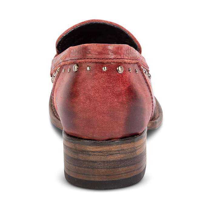 Back view showing FREEBIRD women's Myla wine leather loafer with a low wood heel, stud embellishments and 100% full grain leather