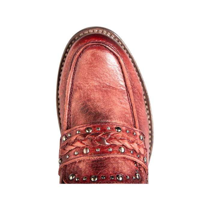Top view showing FREEBIRD women's Myla wine leather loafer round toe construction