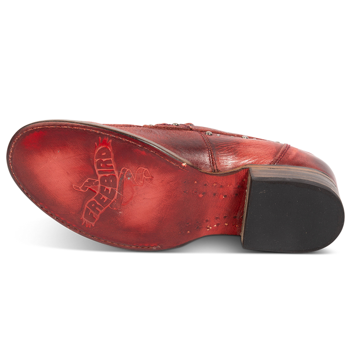 Leather sole imprinted with FREEBIRD on women's Myla wine leather loafer