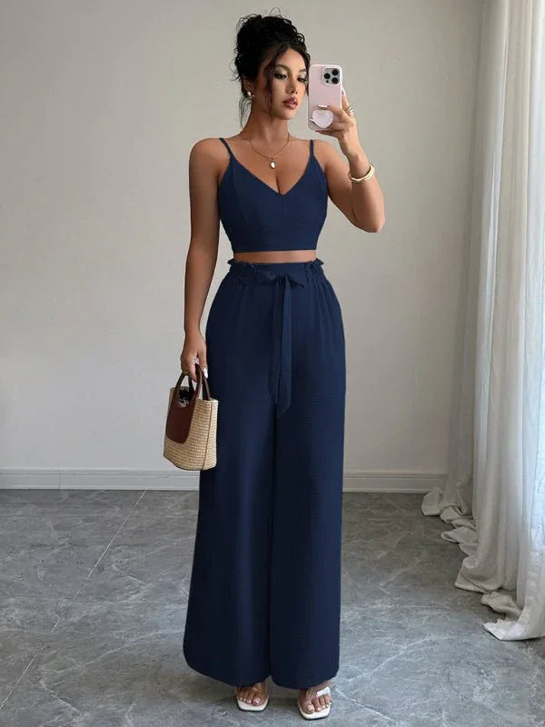 Navy Blue Suspender Vest Wide Leg Pants Two-Piece Set - Allen-Fitness