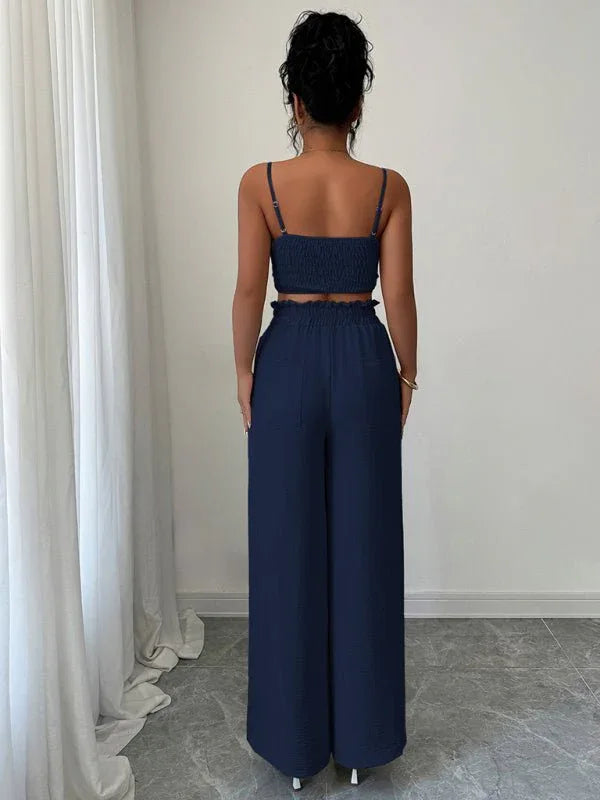 Navy Blue Suspender Vest Wide Leg Pants Two-Piece Set - Allen-Fitness