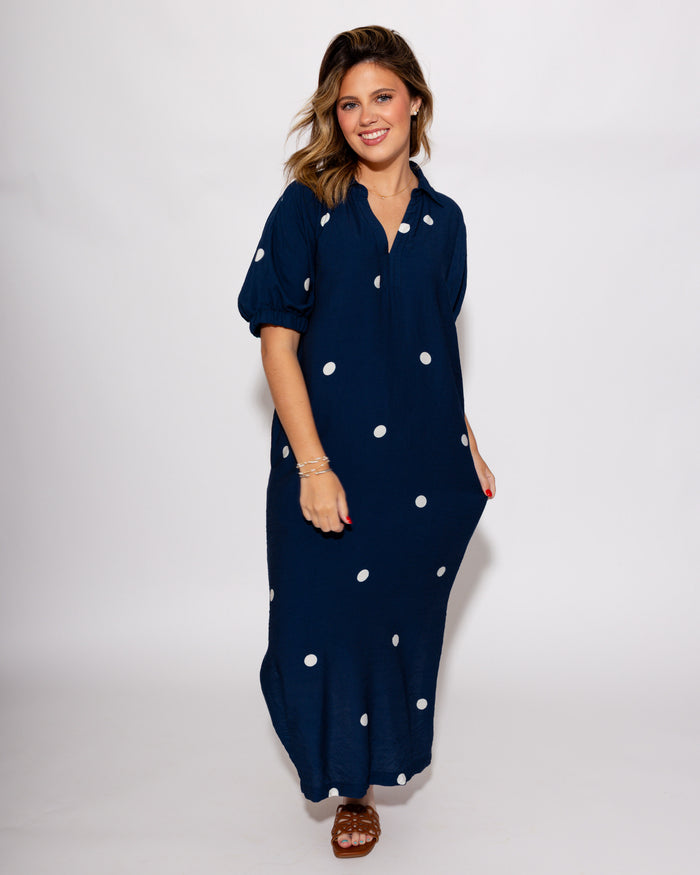 Navy Polka Dot Midi Dress