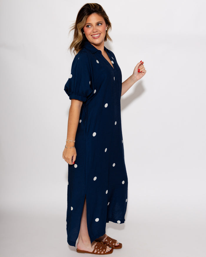 Navy Polka Dot Midi Dress