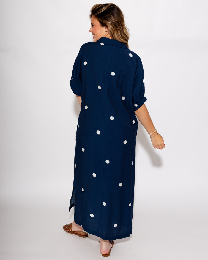 Navy Polka Dot Midi Dress