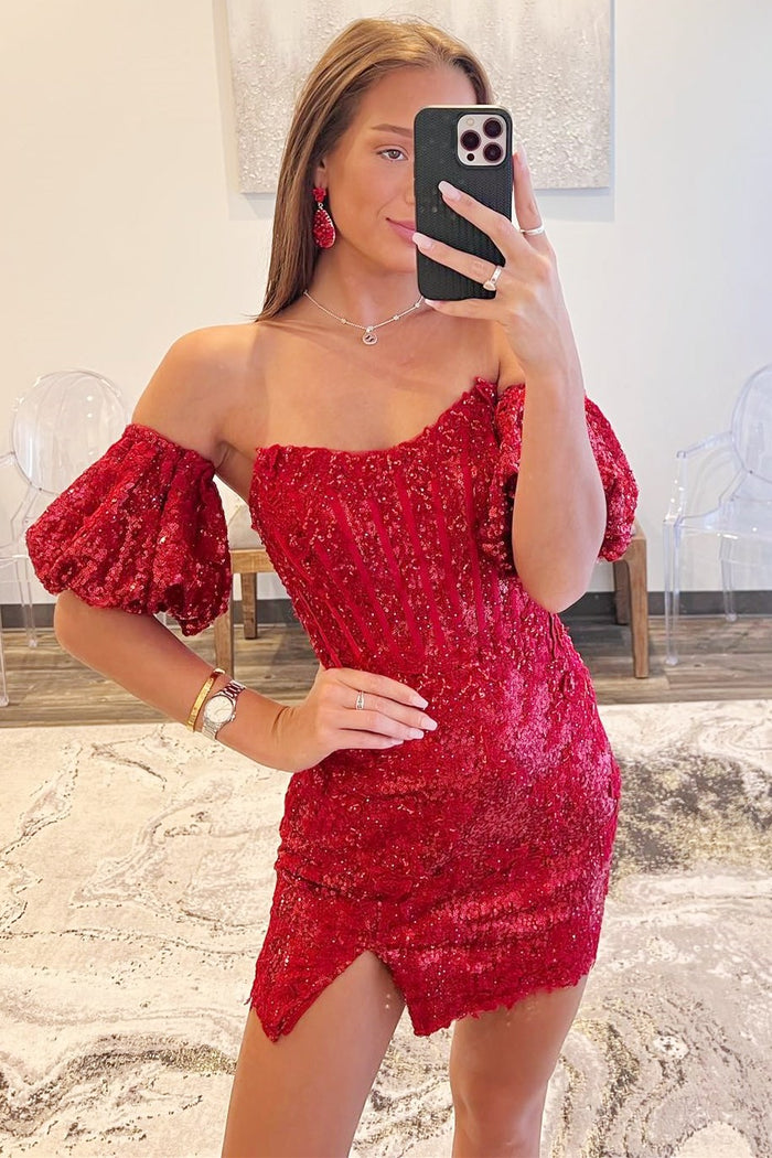 Navy Sequin Lace Strapless Short Party Dress with Puff Sleeves
