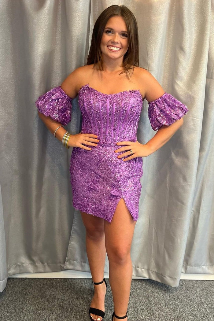 Navy Sequin Lace Strapless Short Party Dress with Puff Sleeves
