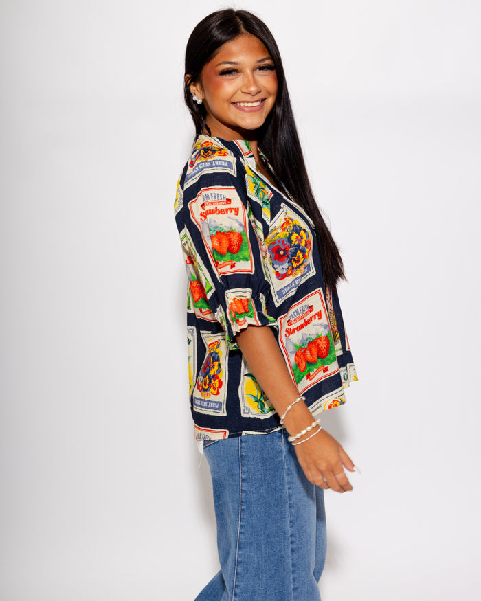 Navy Vintage Print V-Neck Top