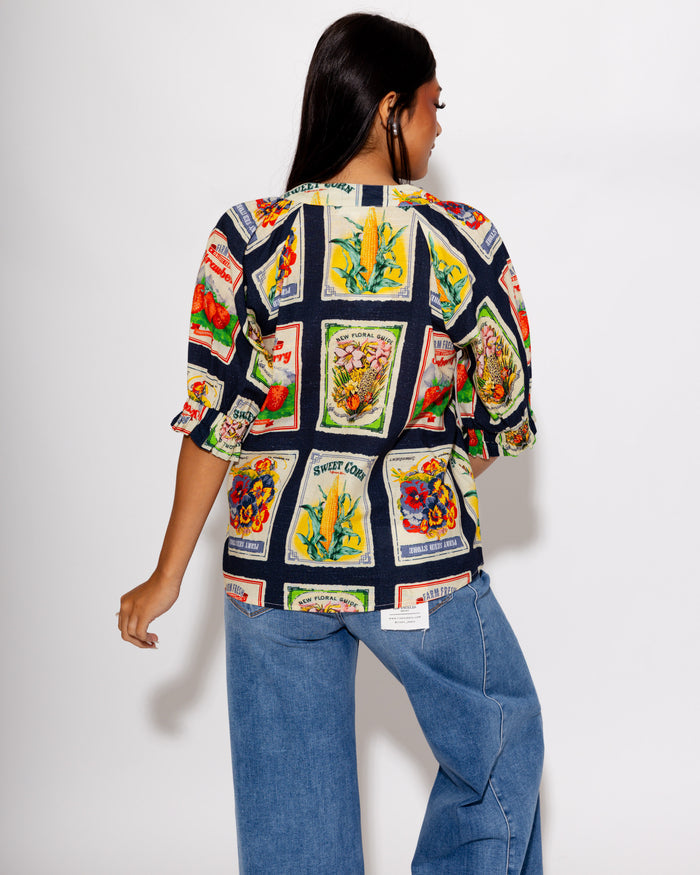 Navy Vintage Print V-Neck Top