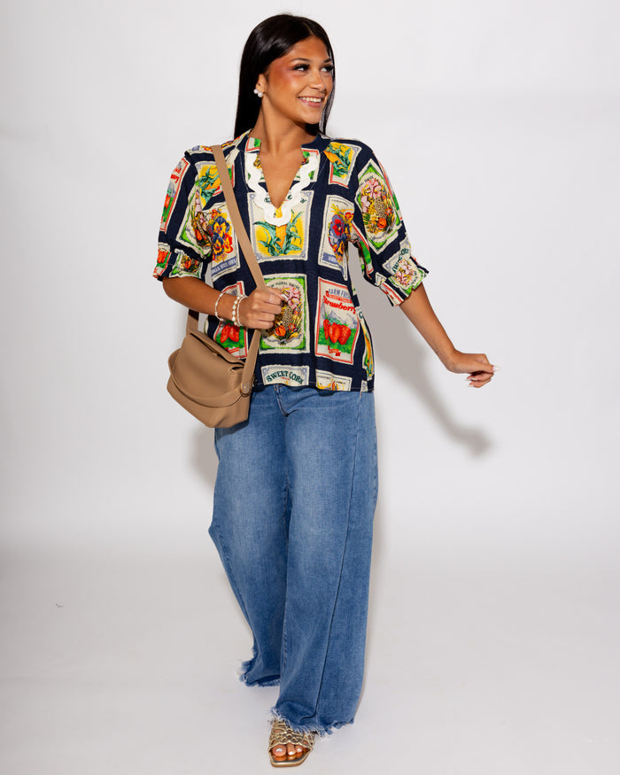 Navy Vintage Print V-Neck Top