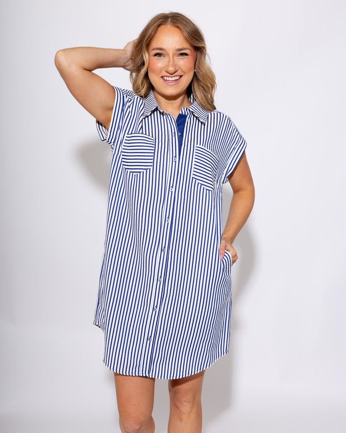 Navy White Stripe Mini Dress Coastal - She Sky - Gaudie & Co. Texas Boutique