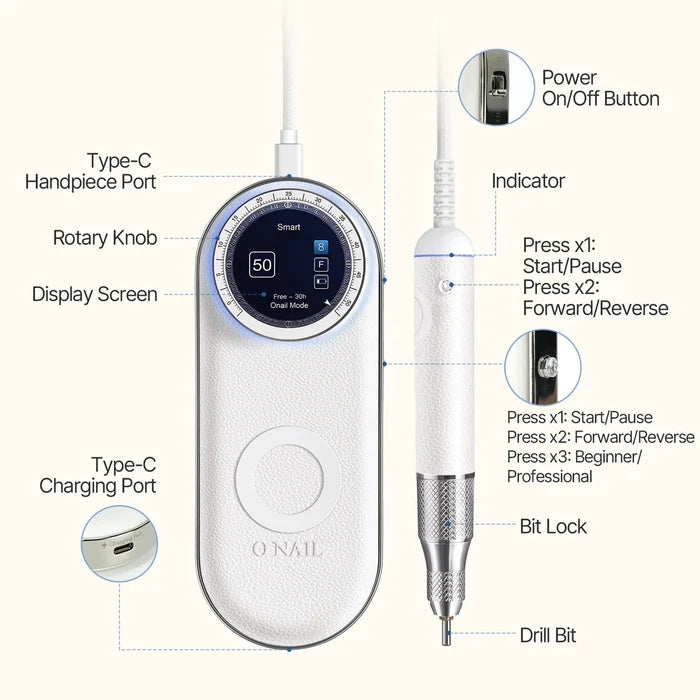 Open box (see description) O NAIL AI Precision Portable Nail Drill Pro Max White – 50,000 RPM Drill machine O NAIL