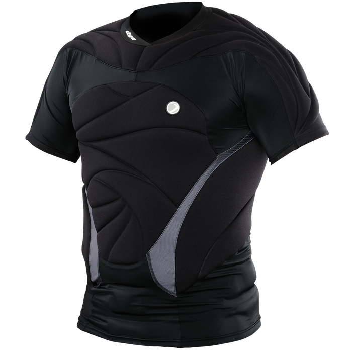DYE Padded Performance Top - Black paintball protective gear in Black – front view, studio shot