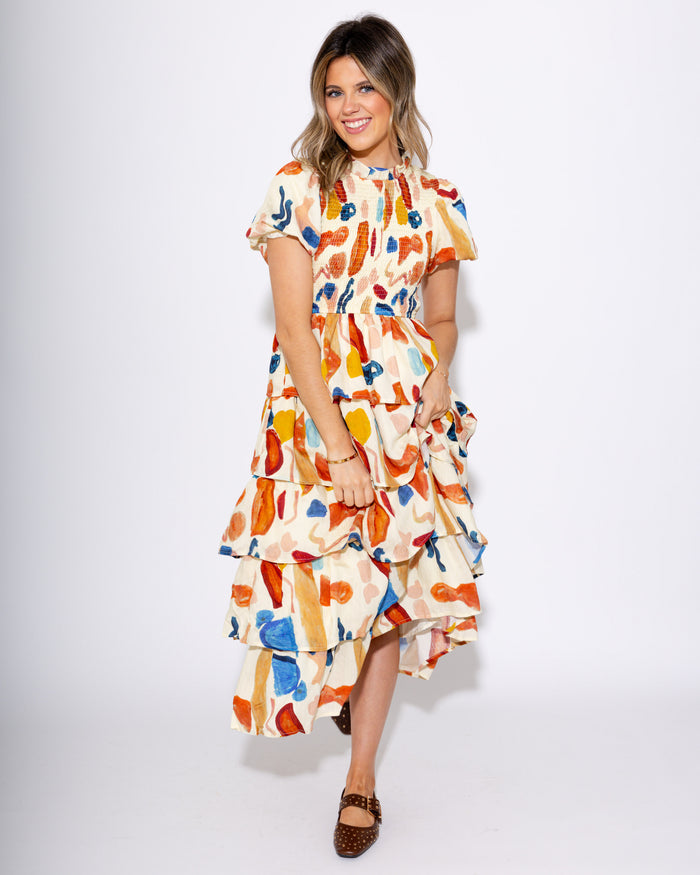 Painted Breeze Bubble Sleeve Tiered Midi Dress
