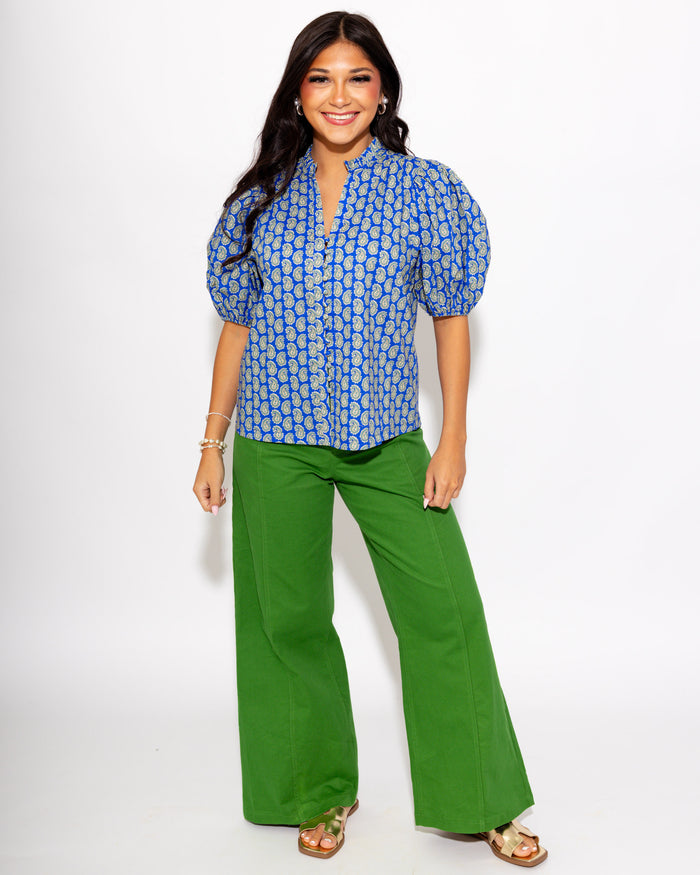 Paisley Puff Sleeve Top in Blue Sage
