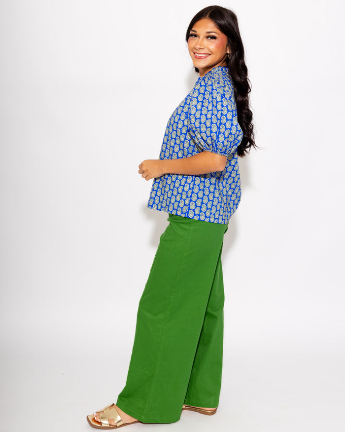 Paisley Puff Sleeve Top in Blue Sage
