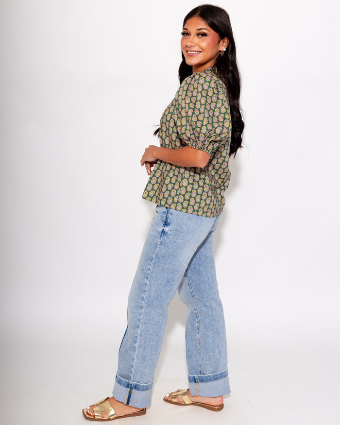 Paisley Puff Sleeve Top in Olive Pink