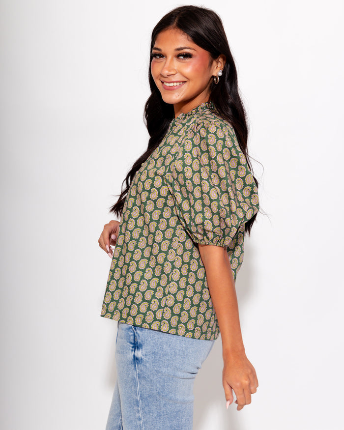 Paisley Puff Sleeve Top in Olive Pink