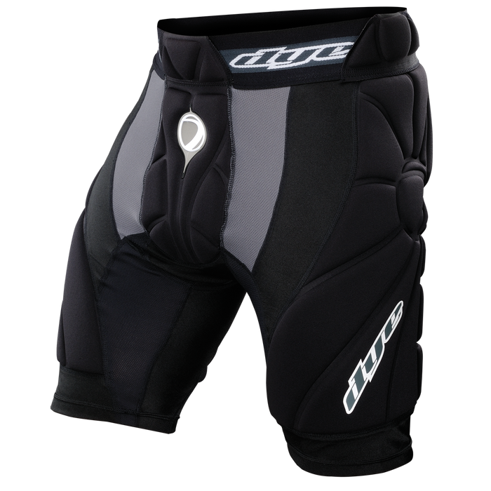 DYE Performance Slide Shorts - Black paintball protective gear in Black – front view, studio shot