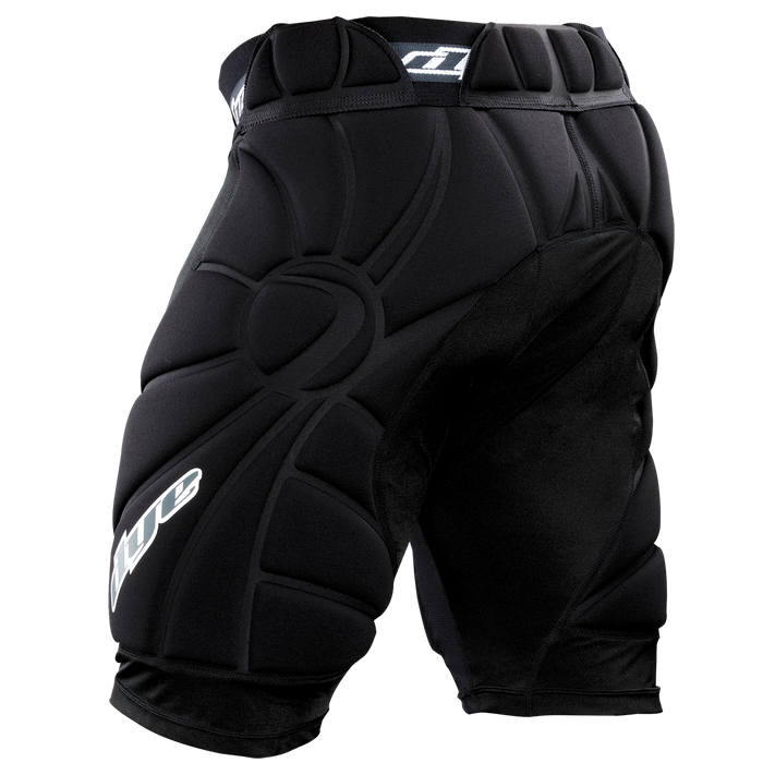 DYE Performance Slide Shorts - Black paintball protective gear – angled side view