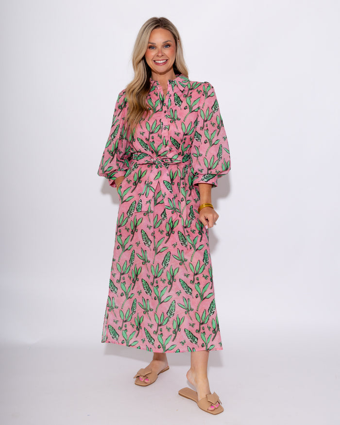 Pink Botanical Belted Midi Dress