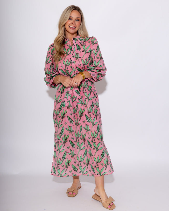 Pink Botanical Belted Midi Dress