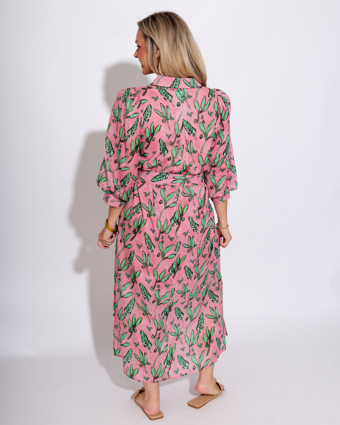 Pink Botanical Belted Midi Dress