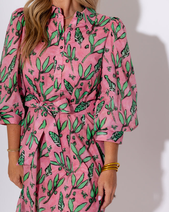 Pink Botanical Belted Midi Dress