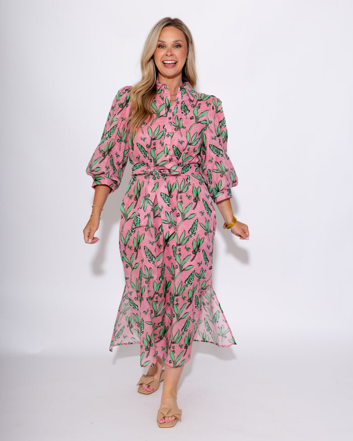 Pink Botanical Belted Midi Dress