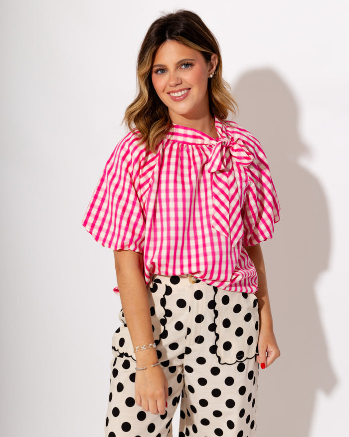 Pink Gingham Bow Tie Puff Top