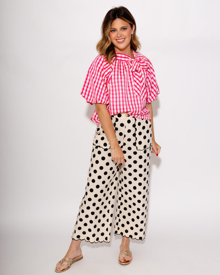 Pink Gingham Bow Tie Puff Top