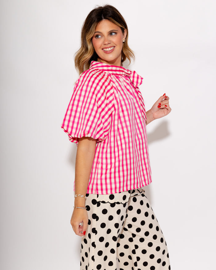 Pink Gingham Bow Tie Puff Top