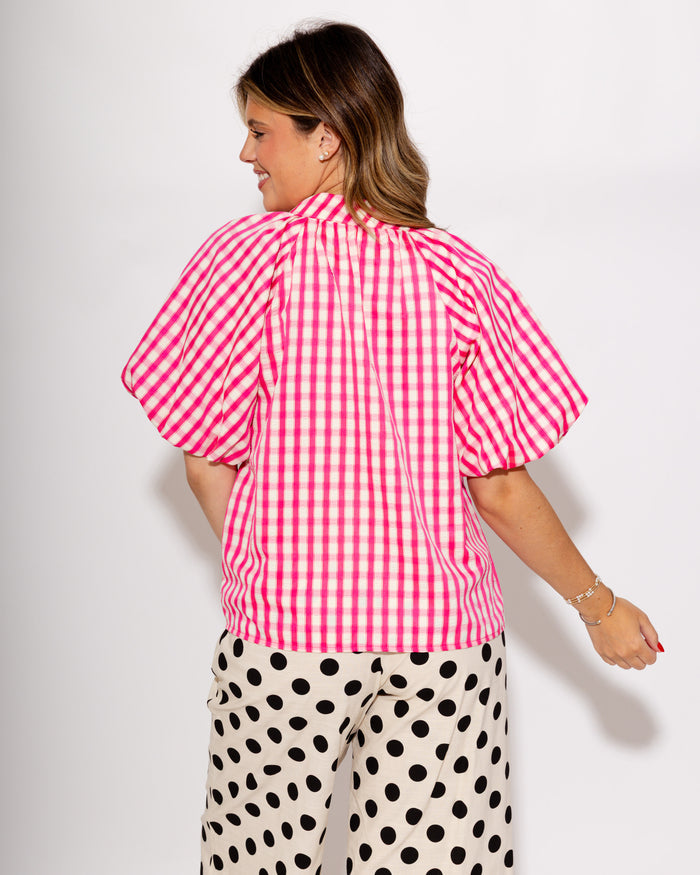 Pink Gingham Bow Tie Puff Top