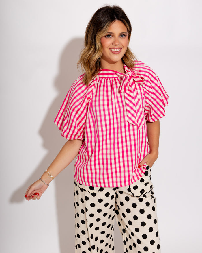 Pink Gingham Bow Tie Puff Top