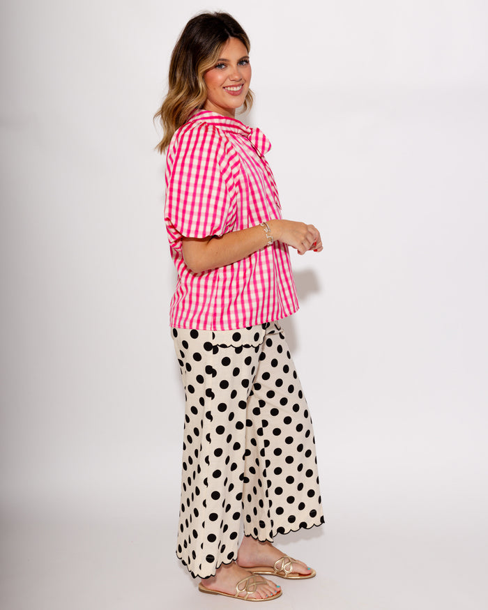 Pink Gingham Bow Tie Puff Top